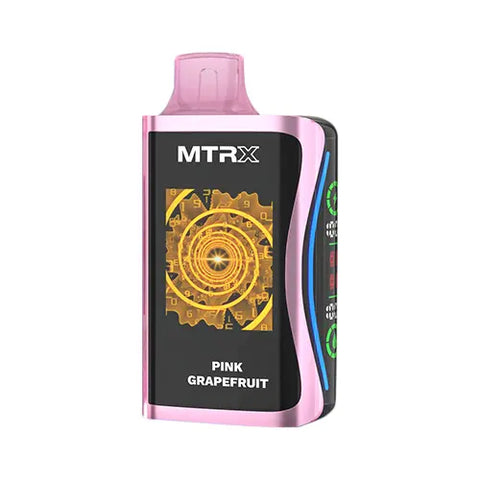 Front view of the vibrant pink MTRX MX 25000 disposable vape device in Pink Grapefruit flavor, showcasing a modern, cyberpunk-inspired design with a smart display for a futuristic and high-tech appearance.