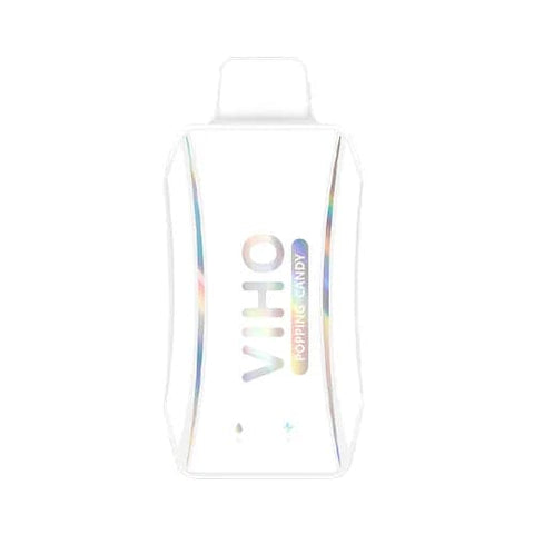 Futuristic white VIHO Turbo vape with rainbow logo sits on table, featuring ergonomic design and integrated battery for stellar popping candy flavor.