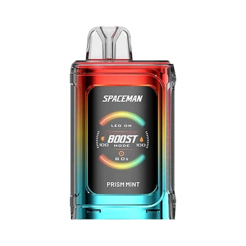A front view of the beautifully gradient cyan to red Prism Mint flavored Spaceman Vape PRISM 20k device featuring a 1000mAh battery, 1.77" color screen, 18ml tank capacity and ergonomic adjustable airflow design.