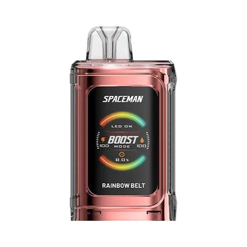 A front view of the beautiful copper Rainbow Belt flavored Spaceman Vape PRISM 20k device with 1000mAh battery, 1.77" color screen, 18ml tank capacity and ergonomic adjustable airflow design.