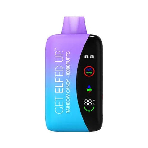 The front view of the innovative VPR GET ELF'ED UP vape is shown with a gradient of bright colors light blue and purple, featuring Rainbow Candy flavor. With an 800mAh battery, USB-C rapid charging, and LED screen display, this vape delivers convenience and satisfaction.