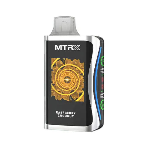 Front view of the sleek white MTRX MX 25000 disposable vape device in Raspberry Coconut flavor, showcasing a modern, cyberpunk-inspired design with a smart display for a futuristic and high-tech appearance.