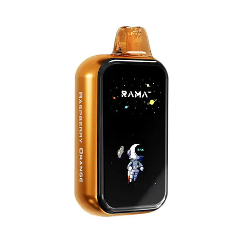 Front view of an ochre Rama TL 16000 Vape in Raspberry Orange flavor, showcasing a modern, sleek design with a large, transparent screen that prominently displays essential vaping information for effortless performance management and customization.