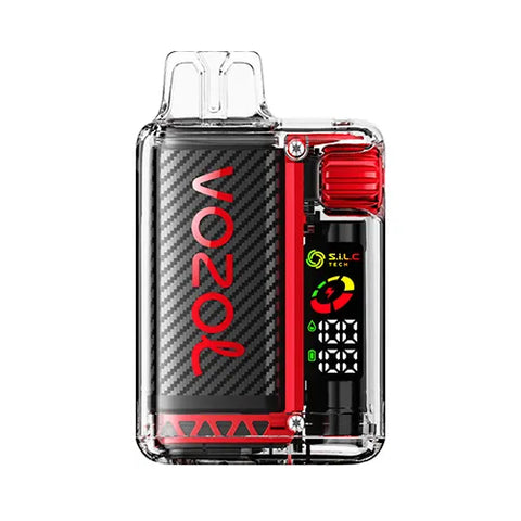 Front view of the HYPNOTIC RED-colored Vozol Vista 16000 Vape in Raspberry Watermelon flavor, featuring a transparent modern design with a smart display and 360° wattage adjustment gear for a personalized and fruity vaping experience.