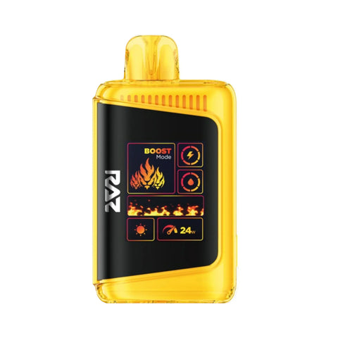 RAZ DC25000 disposable vape in yellow with color display showing Boost mode, 24W output. Mango Loco flavor from RAZ 25K series