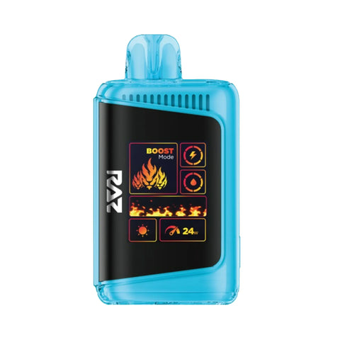 RAZ DC25000 disposable vape in blue with color display showing Boost mode, 24W output, and Razzle Dazzle flavor from RAZ 25K series