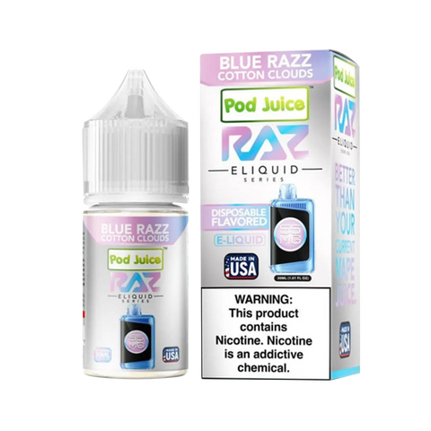 Blue Razz Cotton Clouds flavor bottle of RAZ x Pod Juice Synthetic Salt 30ml – sweet blue raspberry cotton candy vape juice