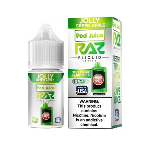 Jolly Green Apple flavor bottle – sour green apple candy vape from RAZ x Pod Juice Salt 30ml