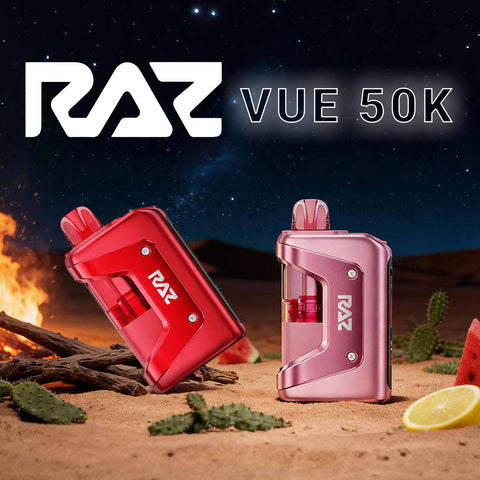 RAZ VUE 50K Disposable Vape Kit with rechargeable battery and disposable pod, shown in red and pink designs, featuring a compact high-capacity vape setup.