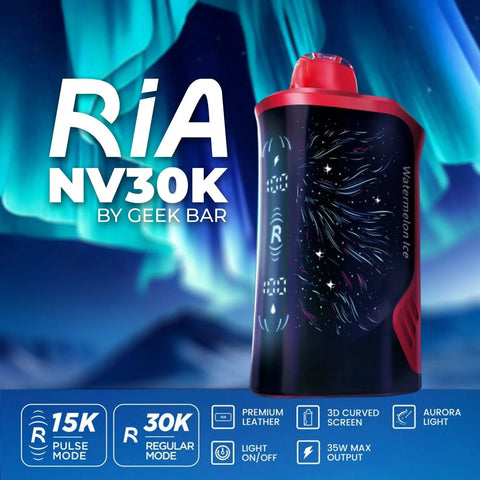 RIA NV30K by Geek Bar disposable vape featuring 30,000 puffs in Regular Mode and 15,000 puffs in Pulse Mode. Rechargeable 1000mAh battery, dual mesh coils, 3D curved screen with Aurora lighting, and a premium leather grip. Watermelon Ice flavor showcased against a Northern Lights background.