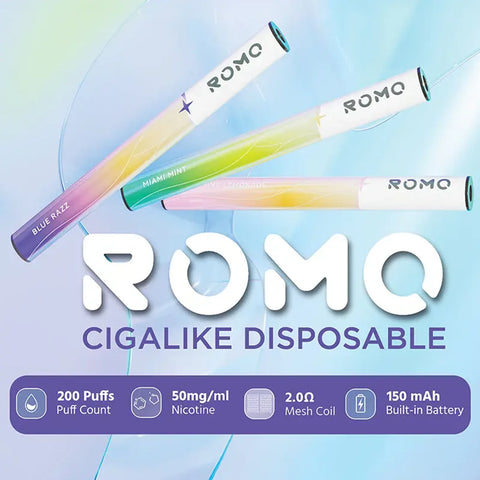 Romo 200 Puffs Disposable Vape 5PK – 5 compact devices with 200 puffs each, 5% nicotine, mesh coil design.
