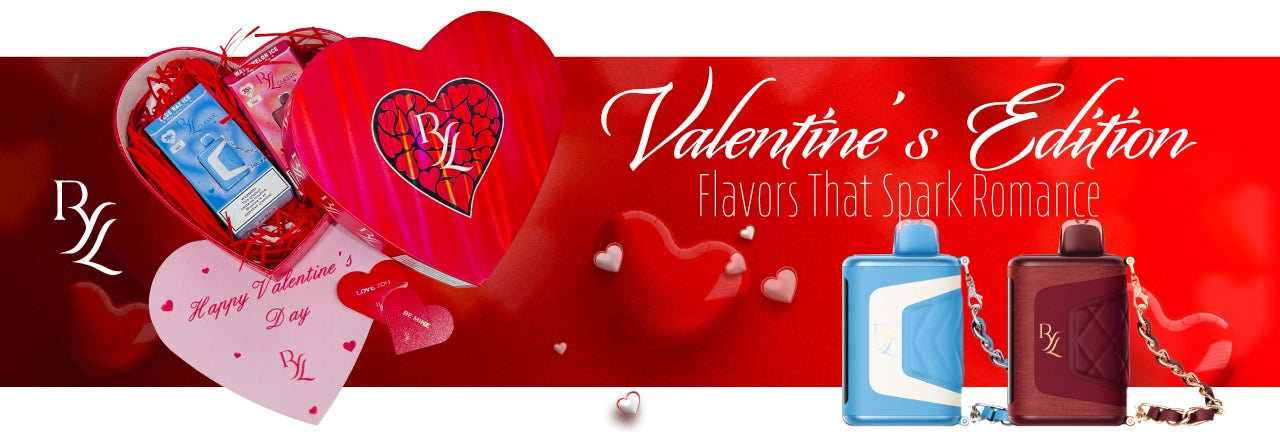 RYL RAZ Valentine's Edition vapes in elegant blue and red designs with chain accessories, presented in a romantic heart-shaped gift box.