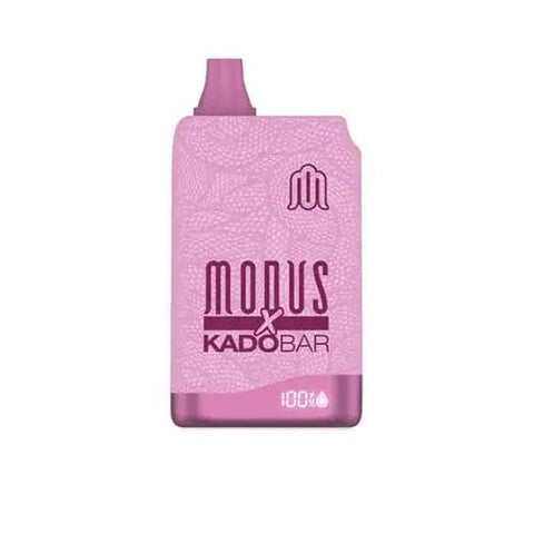Front view of the grape-colored Modus X Kado Bar 10000 disposable vape, showcasing its ergonomic shape, logo, and built-in e-juice and battery life display screen.