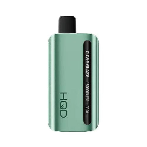 HQD Glaze 15000 Vape in silver light green color with LED display showing battery and e-liquid percentage. The Sky Mint flavor offers a sophisticated and discreet design, featuring a 650mAh battery capacity, 7-12W power range, and mesh coil technology for a clean and revitalizing mint vaping experience.