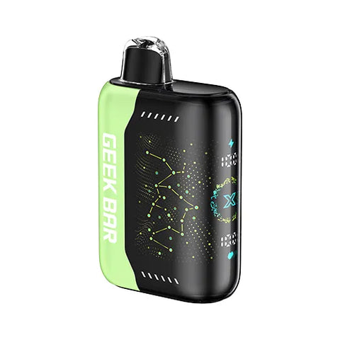 Front view of a tea green Geek Bar Pulse X 25K vape device showcasing its innovative 3D curved screen, featuring the invigorating Sour Apple Ice flavor. CopyRetryClaude can make mistakes. Please double-check responses.