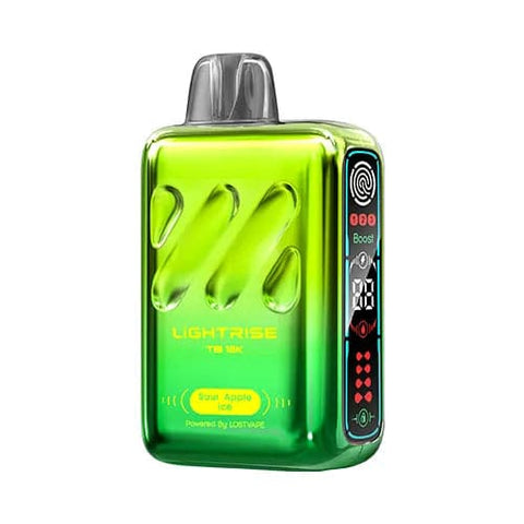 Front view of a Lost Vape Lightrise TB 18K vape device with a soft gradient design transitioning from green to shishito pepper green, showcasing its modern appearance, long screen, and touch button for mode selection, offering a tart and icy Sour Apple Ice flavor.