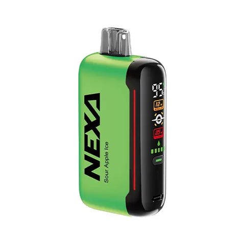 Front view of the NEXA N20000 Disposable Vape in Mantis color, showcasing the groundbreaking 'Mega Screen' display and featuring the crisp, tart taste of green apples with a refreshing menthol twist in the Sour Apple Ice flavor.