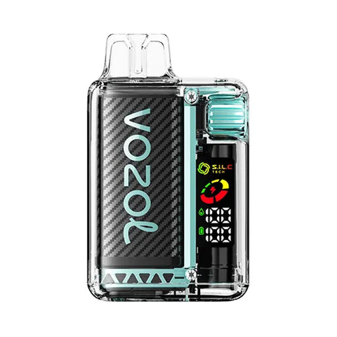 Front view of the BOOTY BAY-colored Vozol Vista 16000 Vape in Sour Apple Ice flavor, showcasing a transparent modern design with a smart display and 360° wattage adjustment gear for a personalized and refreshing vaping experience.