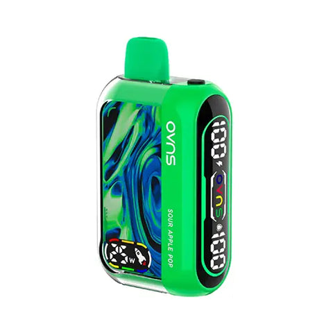 Front view of the Malachite OVNS Dream 25K Vape in Sour Apple Pop flavor, highlighting its sleek design, easy-to-read dual screens displaying battery life, e-liquid level, and wattage indicators, and advanced features for a tart and satisfying vaping experience.