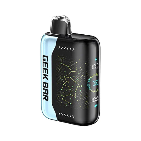 Front view of a light cyan Geek Bar Pulse X 25K vape device showcasing its innovative 3D curved screen, featuring the irresistible Sour Fcuking Fab flavor.