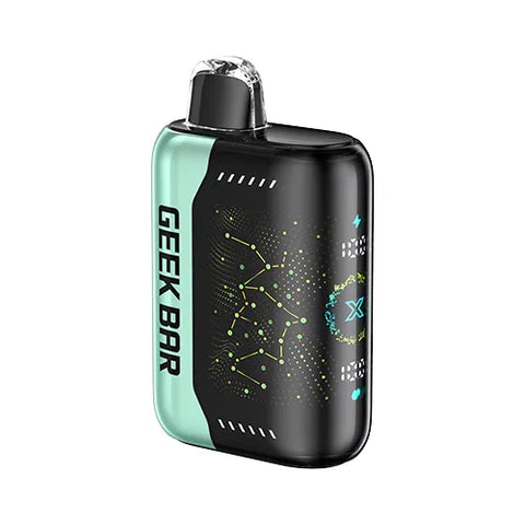 Front view of a magic mint Geek Bar Pulse X 25K vape device showcasing its innovative 3D curved screen, featuring the captivating Sour Mango Pineapple flavor.