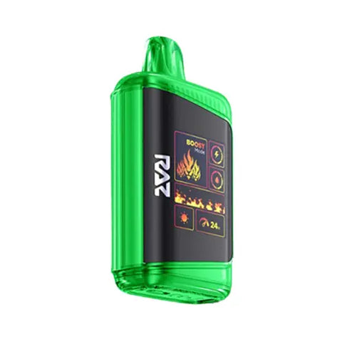 The elegant dark pastel green Raz DC25000 Disposable Vape in Sour Watermelon Peach flavor, highlighting the sophisticated genuine leather wrap and state-of-the-art Mega HD Display screen for an unrivaled and refreshing vaping experience.