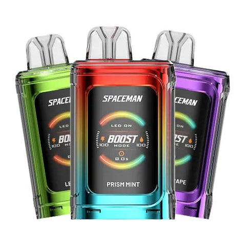 A front view of five Spaceman Vape PRISM 20k devices in different colors, showcasing their 1.77" screens, long-lasting batteries, ergonomic designs with 18ml tanks and adjustable airflow.