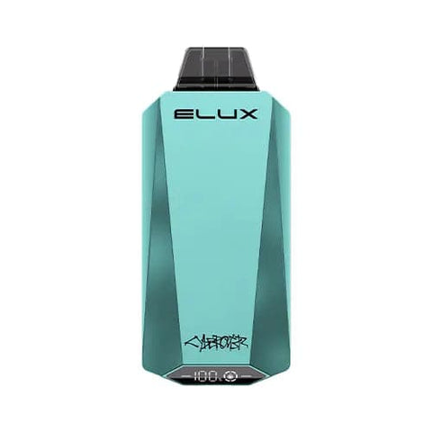 Elux Cyberover 18000 US Edition Vape in stainless steel and Lake Blue metallic color, showcasing a sharp, sleek, and luxurious exterior that can withstand heavy usage and occasional drops. The futuristic and minimalistic elements, such as the brand's logo on the top and the "CYBEROVER" graffiti on the bottom, reflect the "CYBER" aspect of its branding in a semi-professional and hipster-looking way, evoking the TESLA Cybertruck.