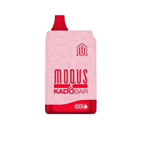Front view of the pink and metallic red colored Modus X Kado Bar 10000 disposable vape, showcasing its ergonomic shape, logo, and built-in e-juice and battery life display screen.