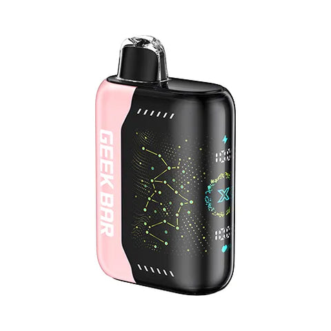 Front view of a pale pink Geek Bar Pulse X 25K vape device showcasing its innovative 3D curved screen, featuring the irresistible Strawberry B Pop flavor.