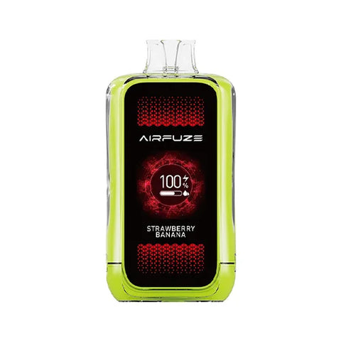 Front view of the pear-colored Airfuze Jet 20000 Vape in Strawberry Banana flavor, highlighting the sleek design and user-friendly interface, including the clear indicator screen for an unparalleled vaping experience.