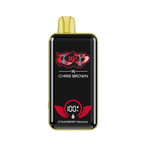 Front view of the maize-colored Chris Brown CB15K Vape in Strawberry Banana flavor, showcasing its sleek design, unique display screen, and advanced features for a deliciously fruity vaping experience.