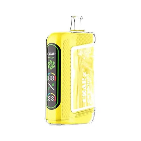 The CZAR CX 15000 Disposable Vape in Strawberry Banana flavor, showcasing a stylish Greenish Tan design with a dual ultra screen display. This innovative CZARx vape offers up to 15,000 puffs, dual mesh coil technology for enhanced flavor extraction, and adjustable airflow for a personalized vaping experience.