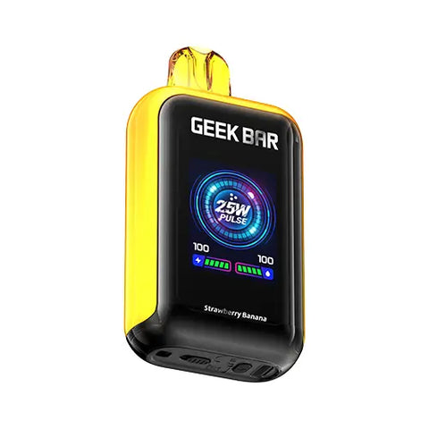 Front view of the Geek Bar Skyview 25K Disposable Vape in a vibrant Maximum Yellow color, showcasing the device's large, vivid 1.8-inch TFT display screen and sleek, modern design. The screen displays essential information for an intuitive user experience while vaping the classic Strawberry Banana flavor.