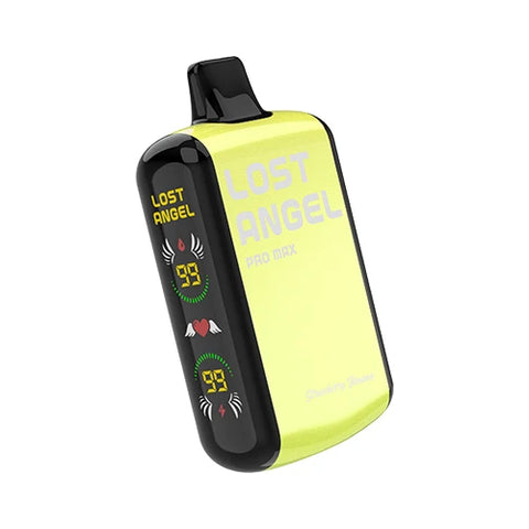 Front view of the Lost Angel Pro Max Vape in Lemon Yellow color, showcasing the dual-screen display and sleek design of this disposable vape device filled with the delectable and fruity Strawberry Banana flavored e-liquid, perfect for a smooth and satisfying vape.