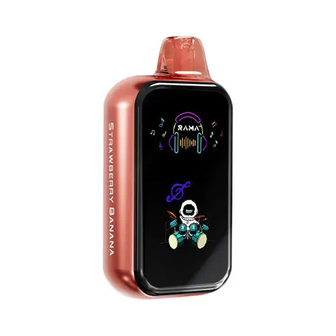 Front view of a Crayola copper-colored Rama TL 16000 Vape in Strawberry Banana flavor, featuring a modern, sleek design with a wide, transparent screen that clearly displays essential vaping information for seamless performance management and customization.
