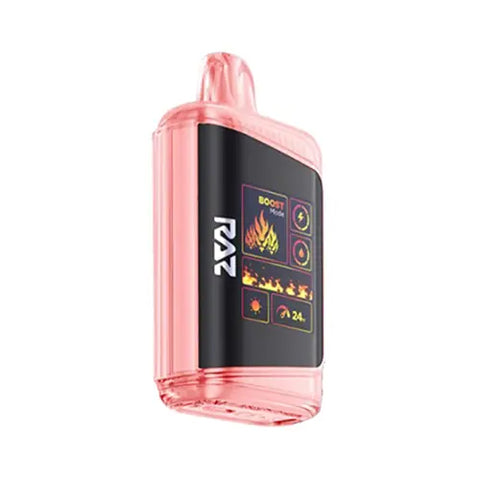 The refreshing melon-colored Raz DC25000 Disposable Vape showcases the Strawberry Burst flavor, featuring a luxurious genuine leather wrap and an innovative Mega HD Display screen for a sleek and flavorful vaping experience.