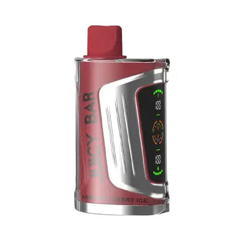 Front view of the apple blossom-colored Juicy Bar JB25000 Pro Max disposable vape in Strawberry Cherry Ice flavor, showcasing its futuristic design with dual LED screens, 900mAh battery for extended vaping sessions, 19mL e-liquid capacity and advanced super dual mesh coil for optimal flavor and vapor production.