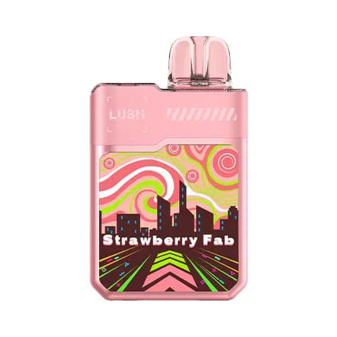 Back view of the futuristic pink Digiflavor Geek Bar Lush 20K disposable vape in Strawberry Fab flavor, showcasing its cyberpunk-inspired design, large display screen, dual mesh coil, and 820mAh rechargeable battery for an innovative vaping experience.