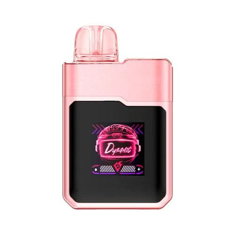 Front view of the futuristic pink Digiflavor Geek Bar Lush 20K disposable vape in Strawberry Fab flavor, showcasing its cyberpunk-inspired design, large display screen, dual mesh coil, and 820mAh rechargeable battery for an innovative vaping experience.