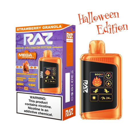 Orange Device with box of RAZ 25k vape Halloween Edition in Strawberry Granola Flavor