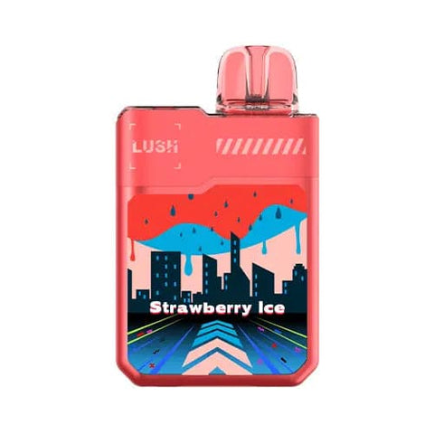 Back view of Futuristic Digiflavor Geek Bar Lush 20K disposable vape in Strawberry Ice flavor, featuring a vibrant light red color, dual mesh coil, 820mAh rechargeable battery, and a large display screen showcasing vaping mode and e-liquid level.