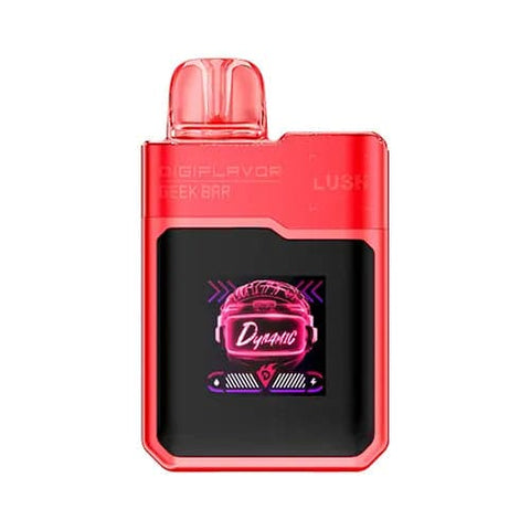 front view of Futuristic Digiflavor Geek Bar Lush 20K disposable vape in Strawberry Ice flavor, featuring a vibrant light red color, dual mesh coil, 820mAh rechargeable battery, and a large display screen showcasing vaping mode and e-liquid level.