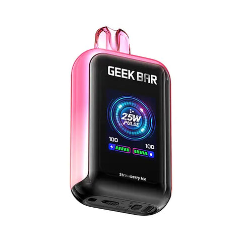 Front view of the Geek Bar Skyview 25K Disposable Vape in a soft gradient color from Cotton candy to Pale pink, showcasing the device's large, vivid 1.8-inch TFT display screen and sleek, modern design. The screen displays essential information for an intuitive user experience while vaping the sweet and cool Strawberry Ice flavor.