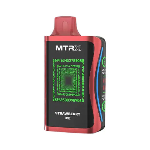 Front view of the vibrant red MTRX MX 25000 disposable vape device in Strawberry Ice flavor, showcasing a modern, cyberpunk-inspired design with a smart display for a futuristic and high-tech appearance.
