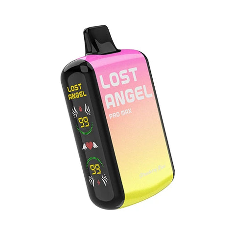 Front view of the Lost Angel Pro Max Vape in a gradient from Green-Yellow to Persian Pink color, highlighting the dual-screen display and sleek design of this disposable vape device filled with the refreshing and well-balanced Strawberry Kiwi flavored e-liquid.
