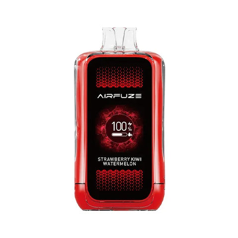 Front view of the maximum red Airfuze Jet 20000 Vape in Strawberry Kiwi Watermelon flavor, showcasing the sleek and stylish design along with the advanced features such as the clear indicator screen and humanized air regulating valve for a personalized vaping experience.