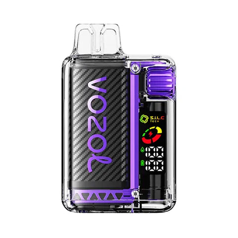 Front view of the SAGAT PURPLE-colored Vozol Vista 16000 Vape in Strawberry Mango flavor, featuring a transparent modern design with a smart display and 360° wattage adjustment gear for a personalized and tropical vaping experience.