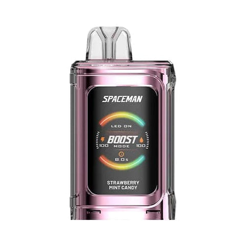 A front view of the light pink Strawberry Mint Candy flavored Spaceman Vape PRISM 20k device with 1000mAh battery, vibrant 1.77" color screen, 18ml tank capacity and ergonomic adjustable airflow design.
