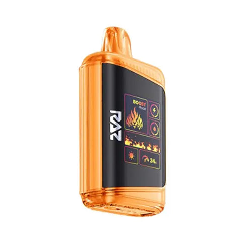 The elegant deep saffron Raz DC25000 Disposable Vape showcases the Strawberry Orange Tang flavor, featuring a luxurious genuine leather wrap and an innovative Mega HD Display screen for a sleek and zesty vaping experience.